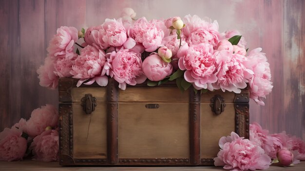 Photo peonies in a chest as a holiday card with copy space womens day mothers day