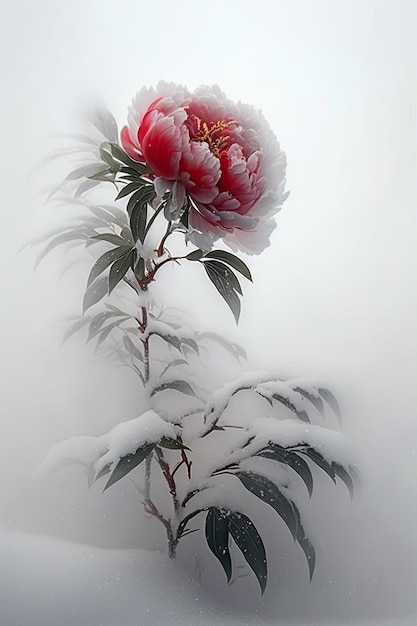 A peonies flower with snow on it and the leaves are covered in snow