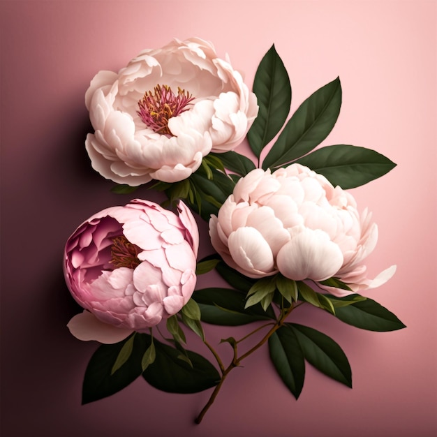 peonies flower on wooden background, generative ai