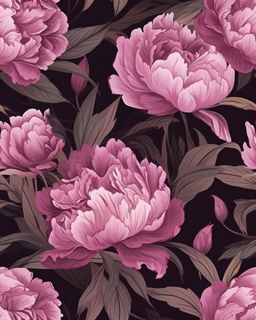 Peonies illustration seamless digital pattern for textiles fabrics souvenirs packaging AI generated