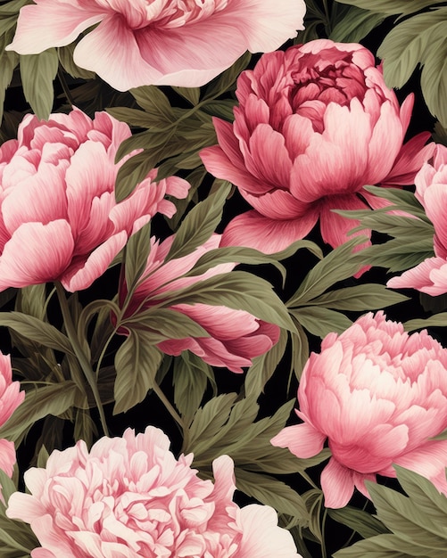 Peonies illustration seamless digital pattern for textiles fabrics souvenirs packaging AI generated