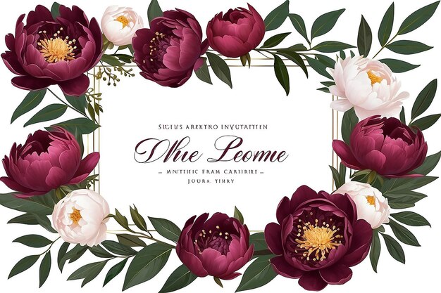 Photo peonies maroon floral frame wedding invitation flower frame with peonies leaves and berries isolated on white background