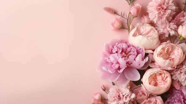 Peonies and roses on pink background