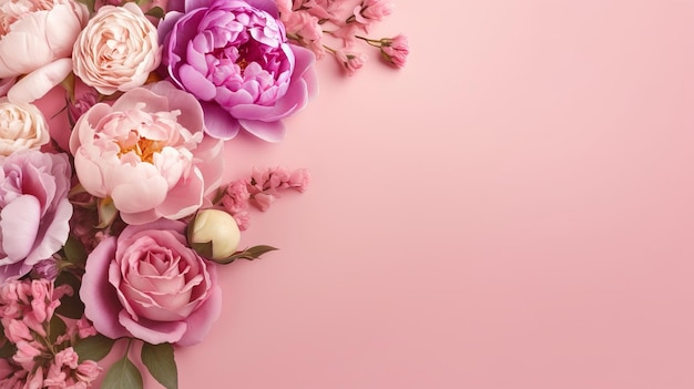 Peonies roses on pink establishment with copy space Inquisitively characteristic make chart organize with substance space Creative resource AI Generated