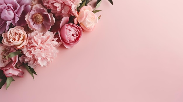 Peonies roses on pink foundation with duplicate space Curiously characteristic make chart organize with substance space Creative resource AI Generated