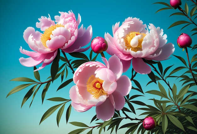 Peonies in a vase on a green background