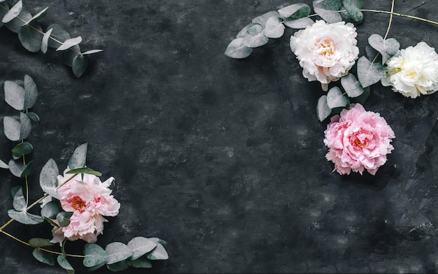 peonies with eucalyptus on a dark background