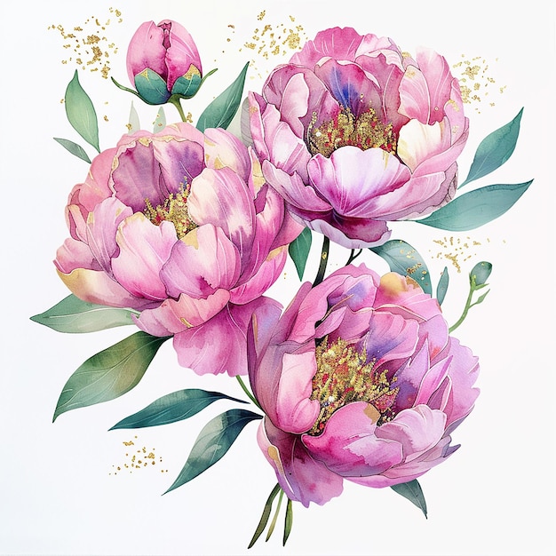 Peony A bouquet of pink flowers with green leaves The flowers are arranged in a way that they are all facing the same direction giving the impression of a unified and harmonious display