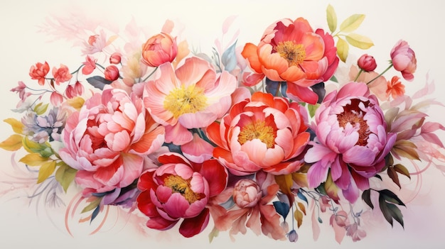 A peony bouquet watercolor loose brushstrokes warm tones AI Generative