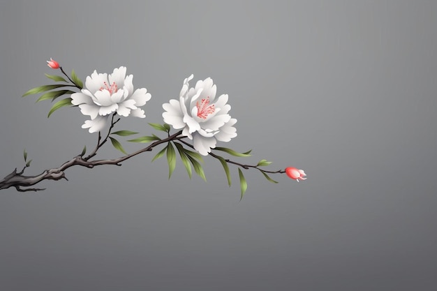 Peony flower buds branch with leaves and small flowers isolated grey background