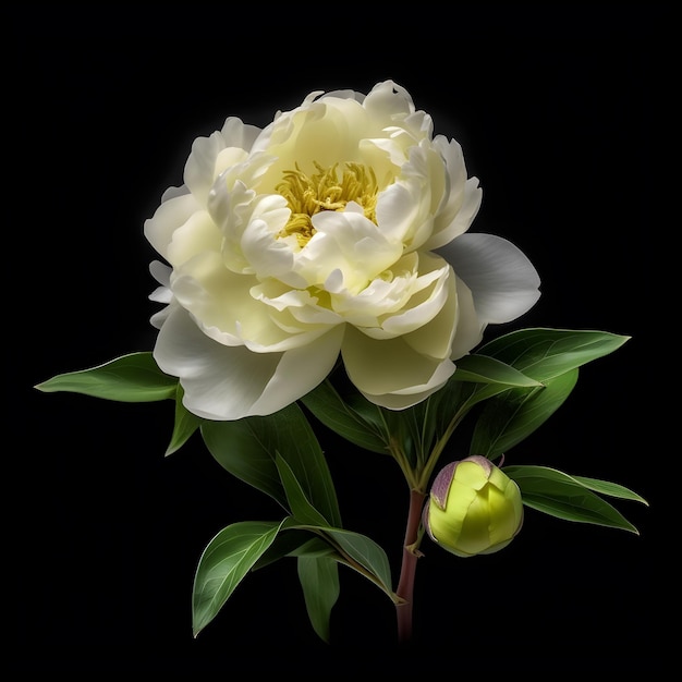 A PEONY FLOWER WITH A BLACK BACKGROUND