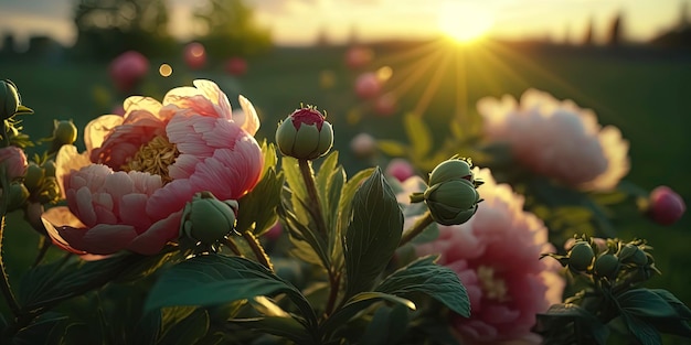 晴れた日に緑の野原に咲く牡丹の花