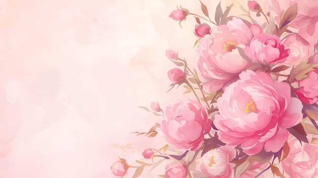 Peony flowers hand drawn watercolor illustration over light pink backdrop for Mothers Day template