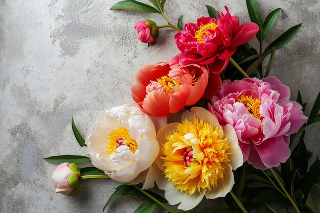 明るいまたは暗いコンクリートの石の背景にあるピオニーの花