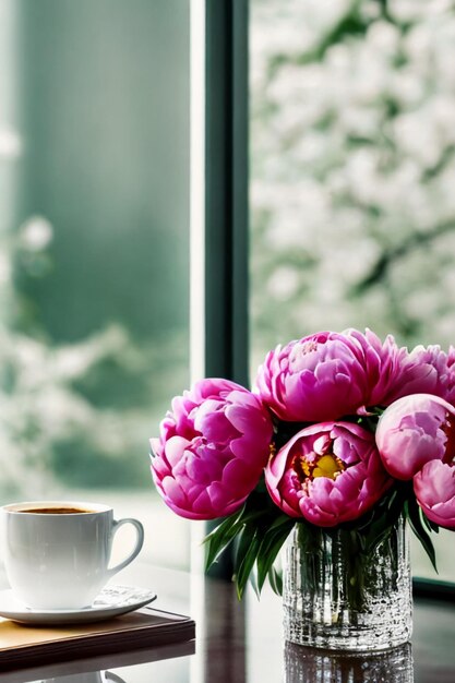 Photo peony flowers in small vase and cup of coffee art concept