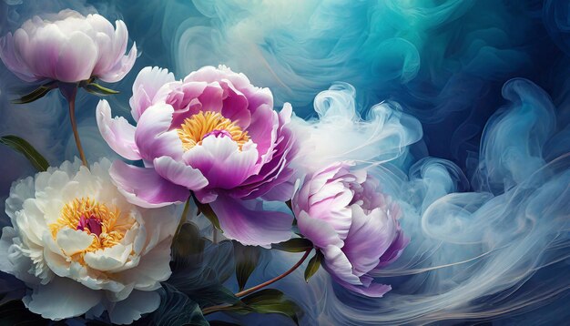 Photo peony flowers in smoke on a dark background with space for text