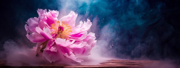 Peony flowers in smoke on a dark background with space for text