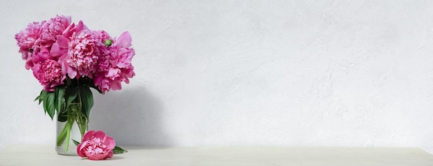 Peony flowers in a vase on a white background banner