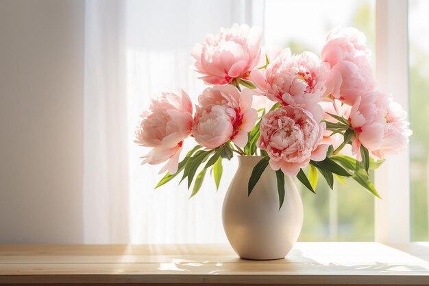 Peony flowers in a white vase on a wooden table