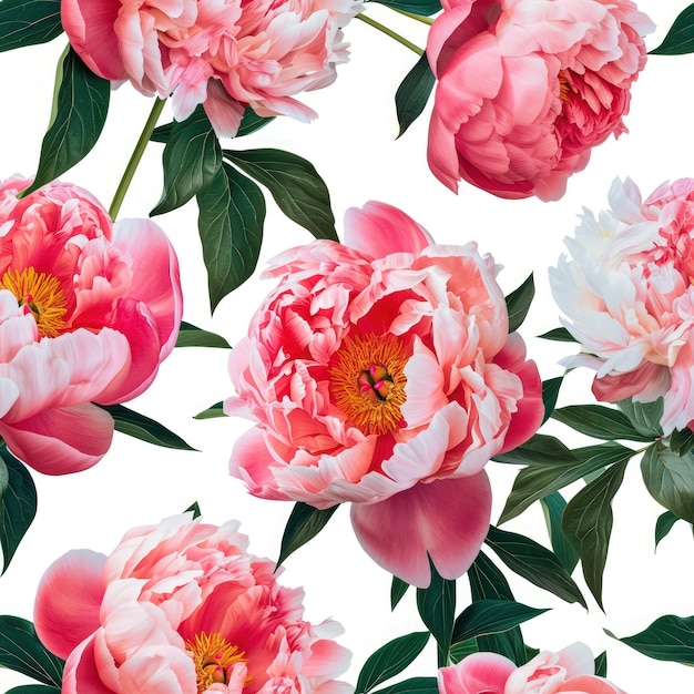 Photo peony flowers with green leaves background seamless pattern