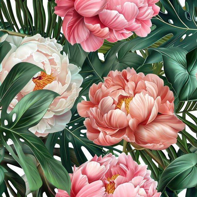 Peony flowers with green leaves background seamless pattern