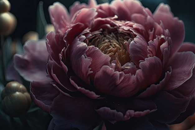 Foto peonia in piena fioritura con gocce d'acqua sui petali una macroscopia sorprendente illustrazione generativa di ai