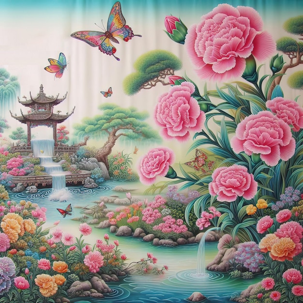 Photo peony garden lacquer painting created by ai generated