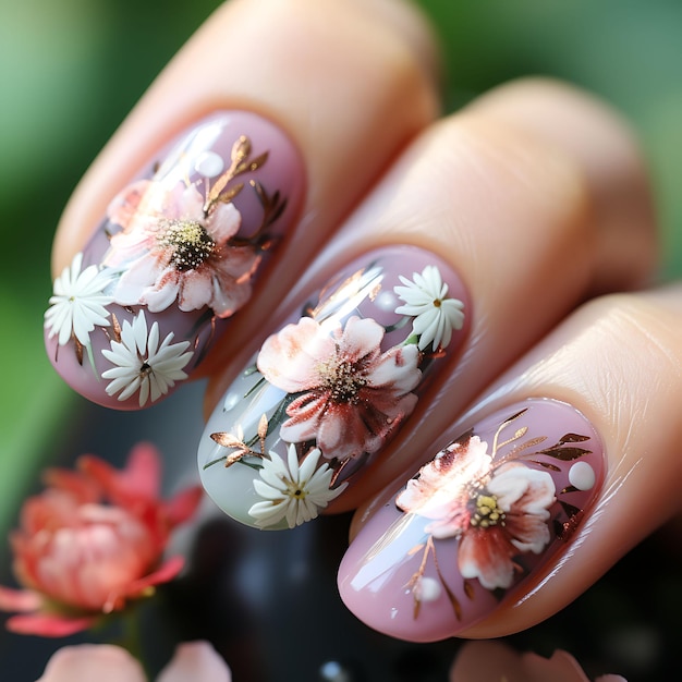 Peony Garden Nails Design Soft Pink and Green Shades Bokeh E Concept Idea Creative Art Photoshoot