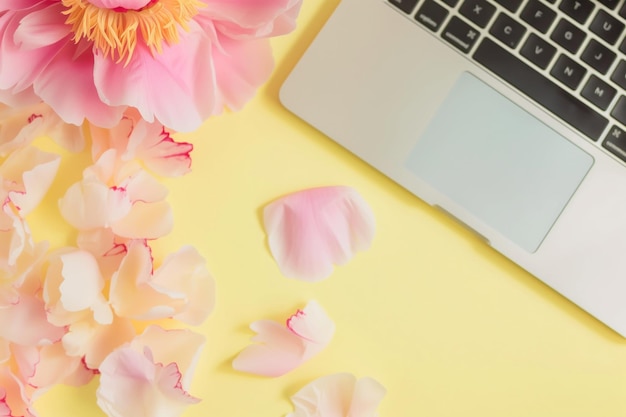 Foto petalo di peonia diffuso su una scrivania gialla pastello con un portatile