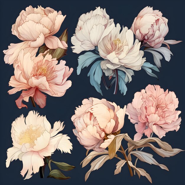 Peony set geïsoleerde illustraties van bloemen op een zwarte achtergrond Geschikt voor omslaggeschenkpapier