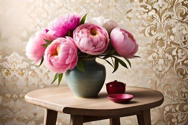 Peony vase arrangement on an offwhite background