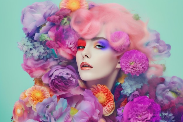 Peony woman fashion female flower portrait beauty art spring bouquet summer Generative AI