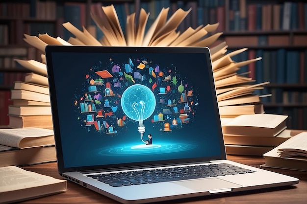 Foto persone che accedono alla conoscenza online su una biblioteca virtuale su un portatile concetto di istruzione e apprendimento elettronico