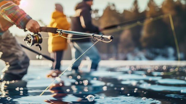 Люди, активно ловящие рыбу на берегу воды