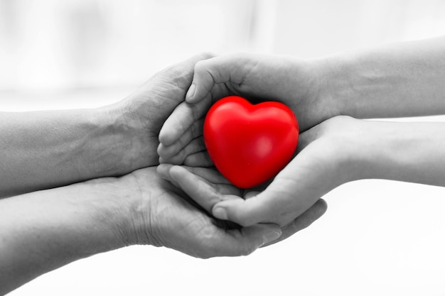 people, age, family, love and health care concept - close up of senior woman and young woman hands holding red heart