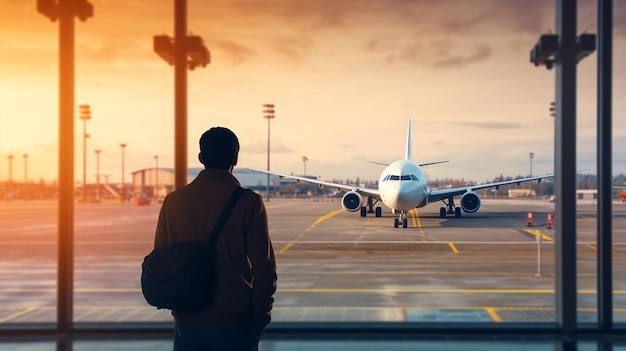 People at the airport Back view of man watching plane Generative AI