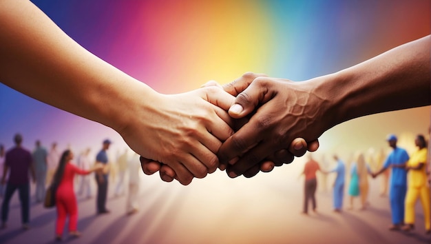 People of all colors holding hands inclusive business mindset values dignity and respect for all in