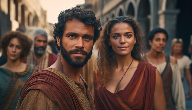 Foto la gente dell'antica roma ritrae i romani sullo sfondo della strada