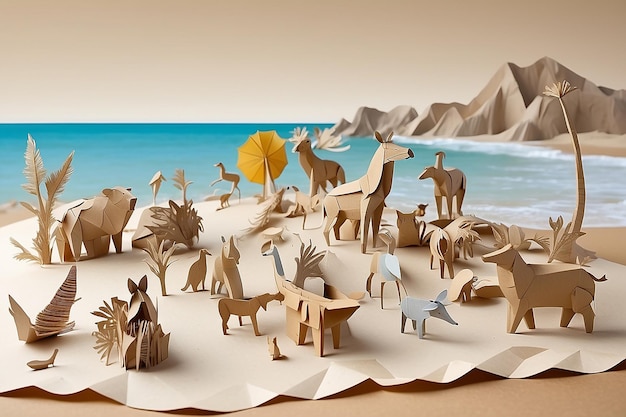 People and animals Made of paper having fun on a Beach Made of paper