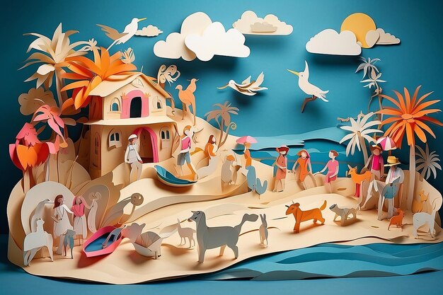 People and animals Made of paper having fun on a Beach Made of paper