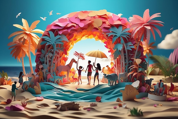 People and animals Made of paper having fun on a Beach Made of paper