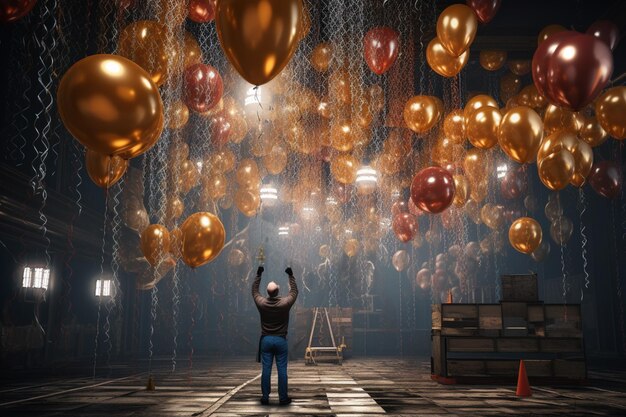 Фото Люди заняты подготовкой к новогоднему вечеру с воздушными шарами в качестве главного украшения