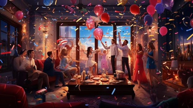 Photo people are celebrating a party with balloons and confetti generative ai
