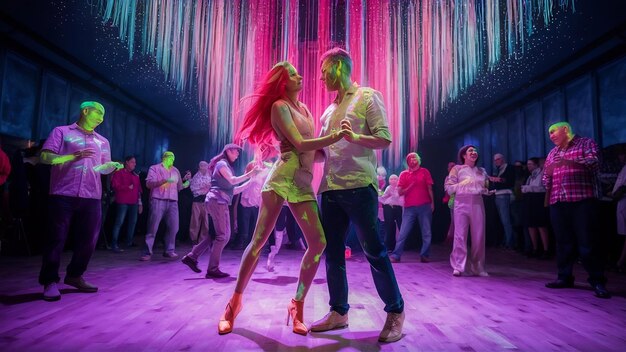 Foto people are colored fluorescent powder a pair of lovers dancing at a disco