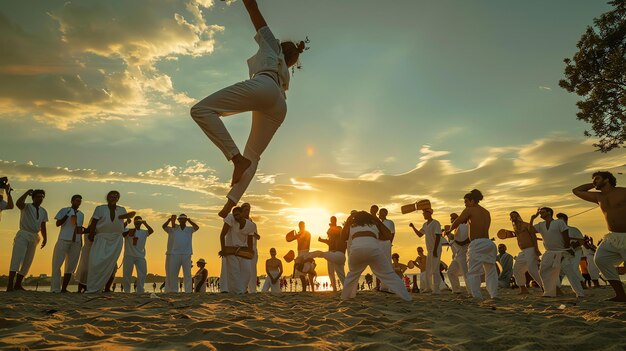 Photo people are dancing and playing music on a beach they are all wearing white clothes and the sun is setting in the background