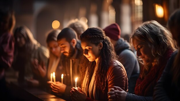 Photo people are holding candles and praying in a church generative ai