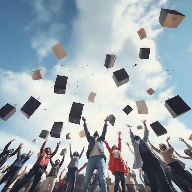 people are jumping in the air with books flying in the air