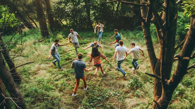 Photo people are playing a game of tag in the forest they are all running and laughing having fun