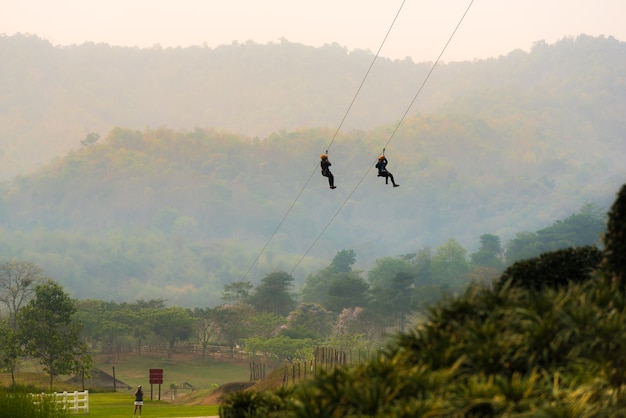 사람들은 도전적인 활동 인 Zipline을 재생하고 있습니다.