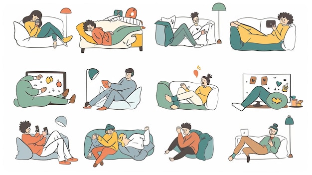 人々は毛布で頭を覆って床に横たわってテレビを見ています 手描きのスタイルの近代的なデザインのイラスト